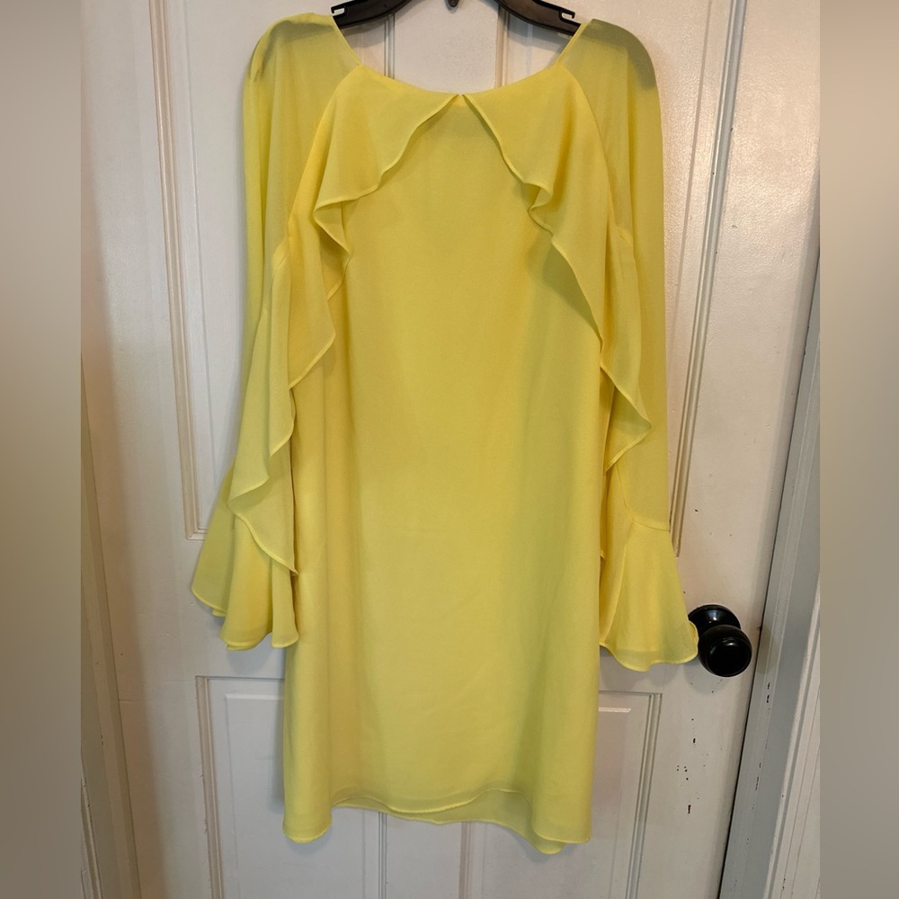 P. LUCA MILANO YELLOW V-NECK W/TIE RUFFLE MIDI‎  DRESS~ SIZE SMALL CLASSY - Picture 6 of 9